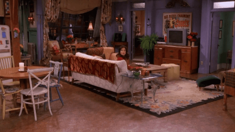 Living room view of Monica's apartment in Friends.